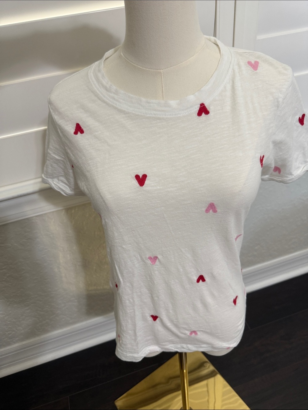 Philosophy White Tee with Pink and Red Heart Embroidery
